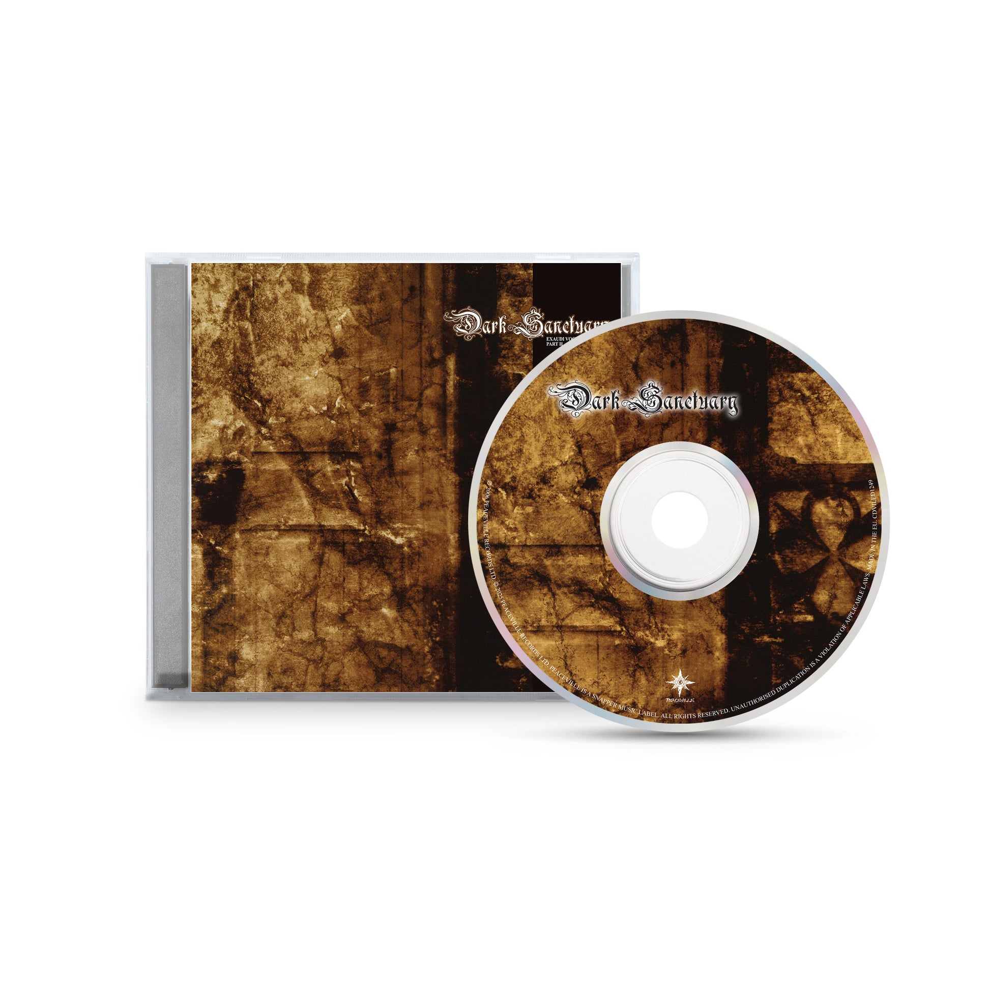 A CD case and disc from Dark Sanctuary feature a dark, grungy brown neo-classical darkwave design. Both display Dark Sorcery in gothic font, with the disc positioned slightly in front of the case on a white background.