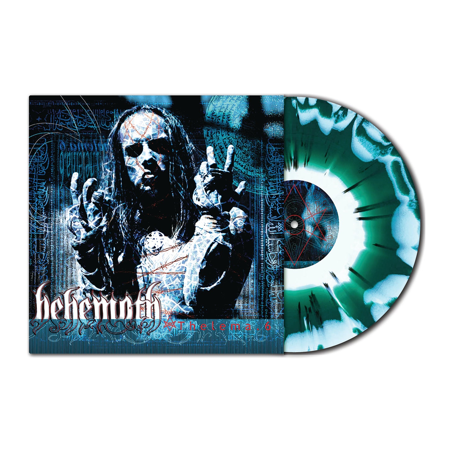 The image shows a limited edition Behemoth vinyl and cover for Thelema.6. The cover has a dramatic figure with painted face and outstretched hands; the vinyl is white with green and black splatter.