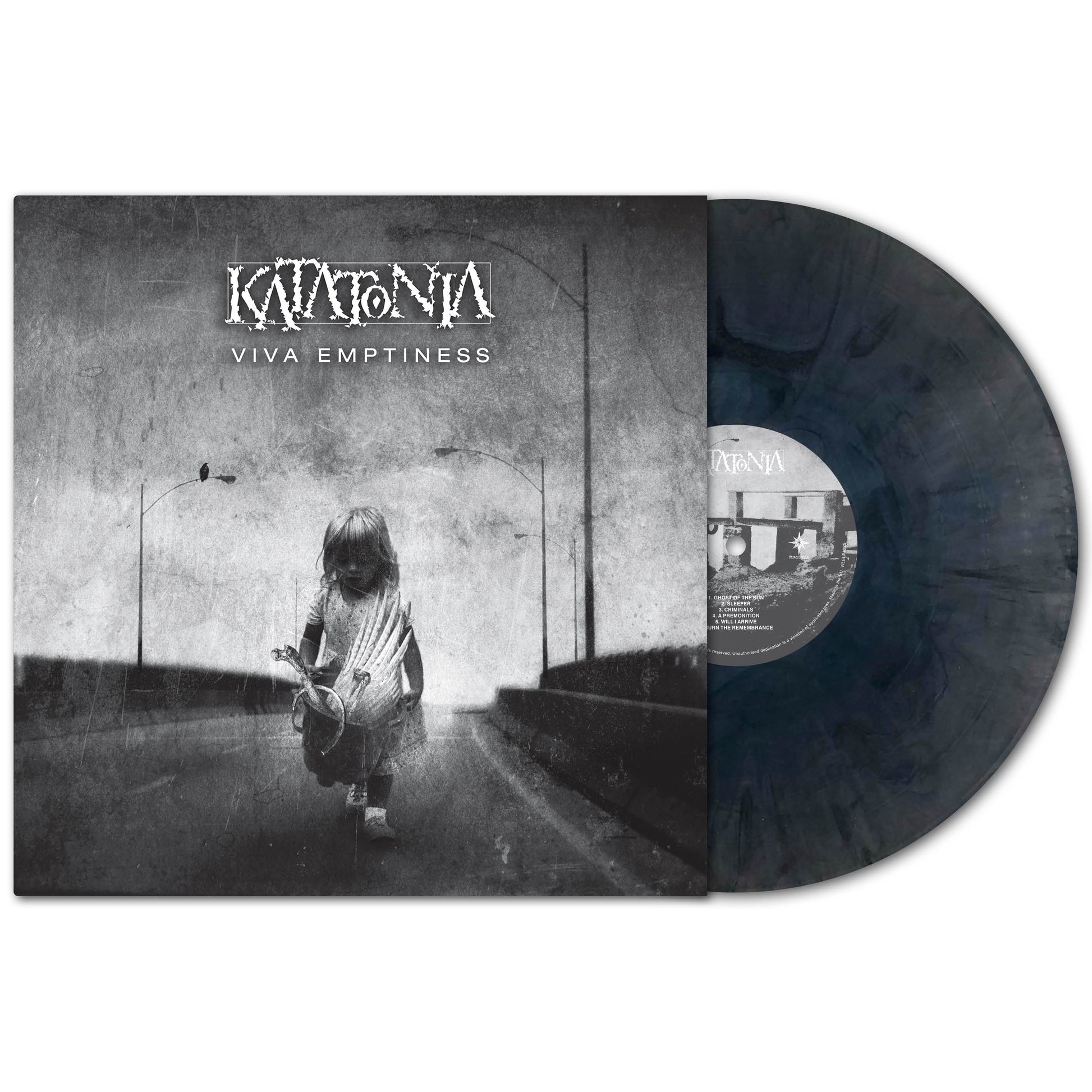 Katatonia’s Viva Emptiness album cover shows a black-and-white photo of a solitary child on an empty street, with a marbled black and gray vinyl record—ideal for any progressive metal collection—partially shown beside it.