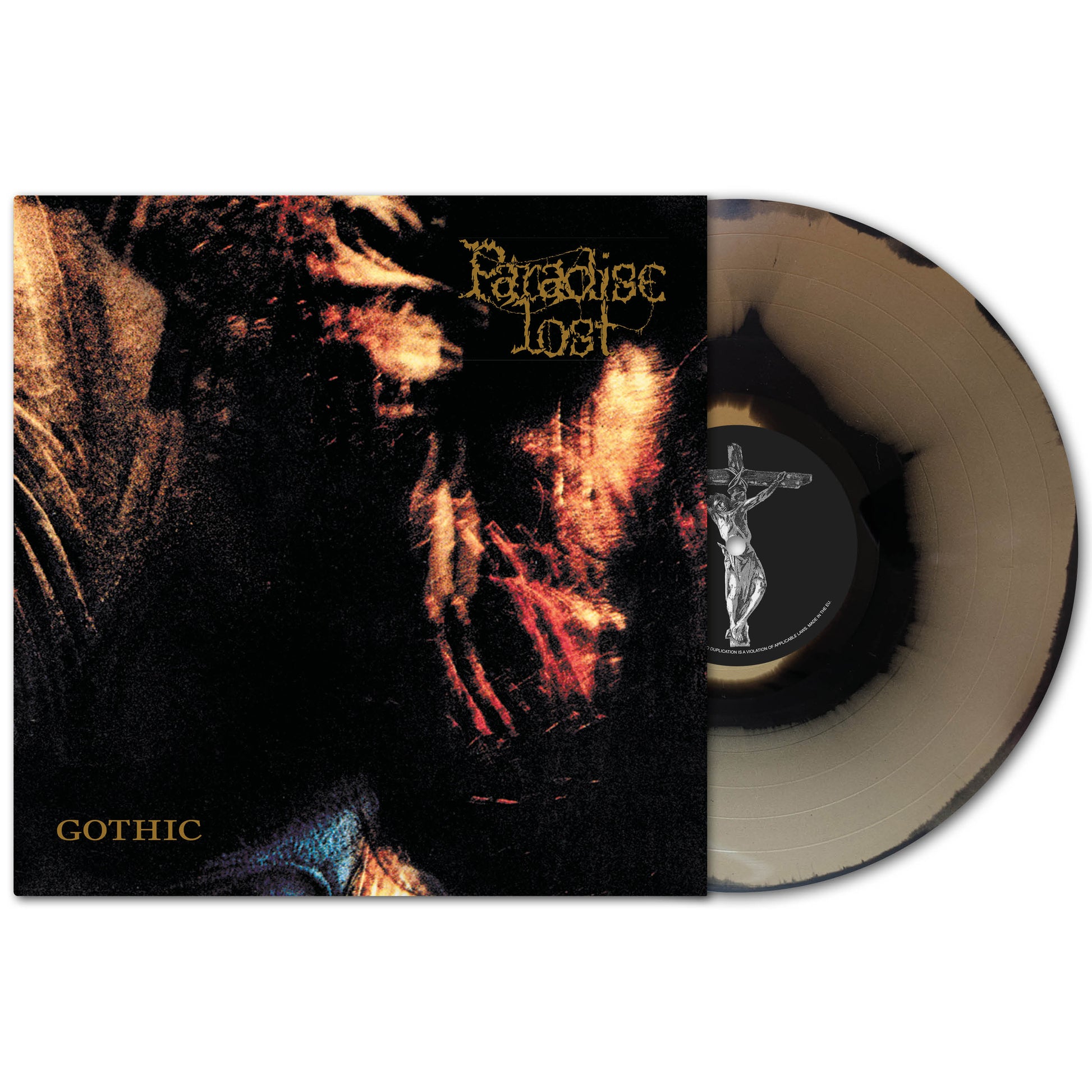 Paradise Lost remastered vinyl record and album cover for Gothic, featuring dark death/doom artwork with fiery tones, a yellow Paradise Lost logo, and a small crucifix on the vinyl’s center label.