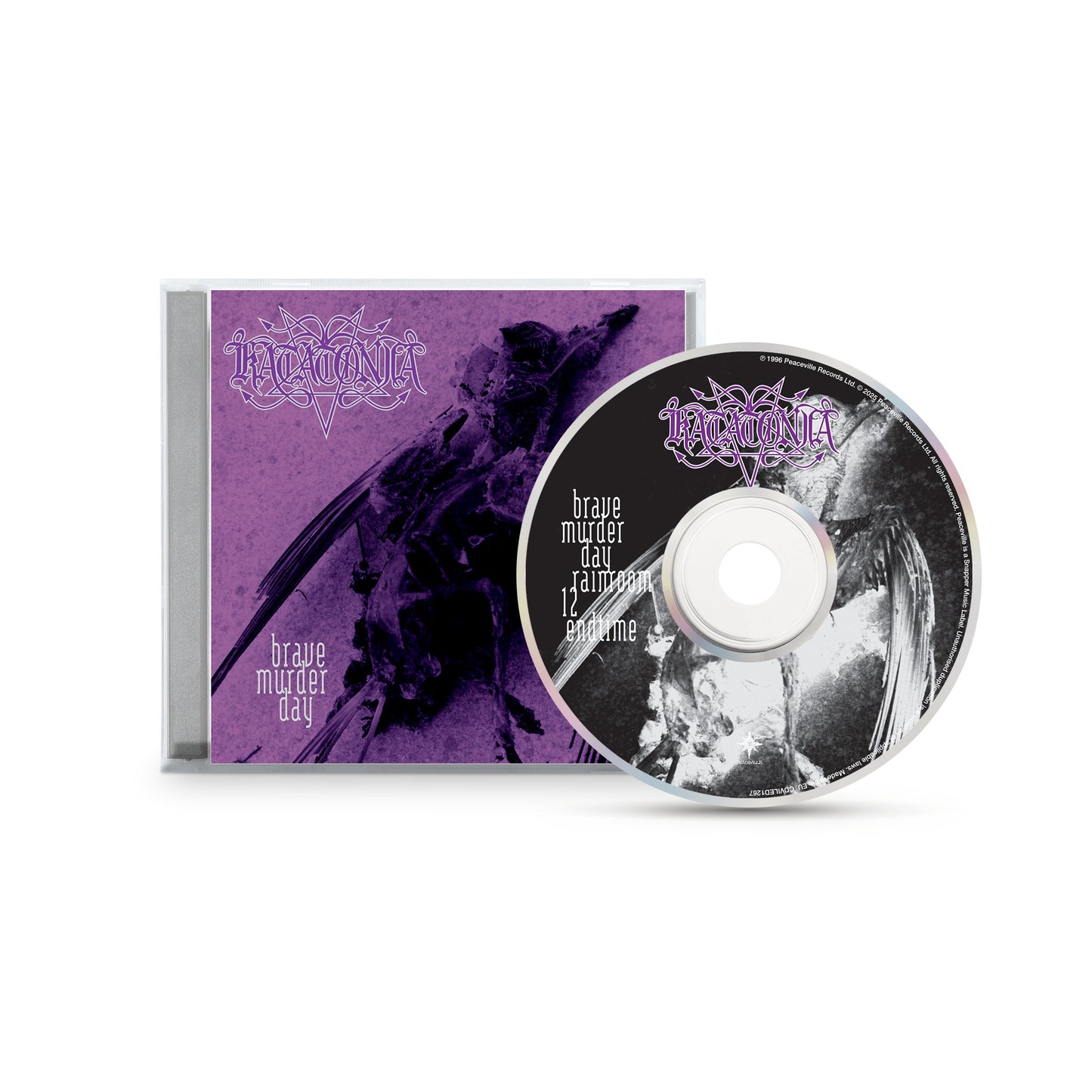 A CD and its case for Katatonia’s album Brave Murder Day, featuring a purple cover with gothic text and abstract art; the CD matches the dark design and lists tracks in white.