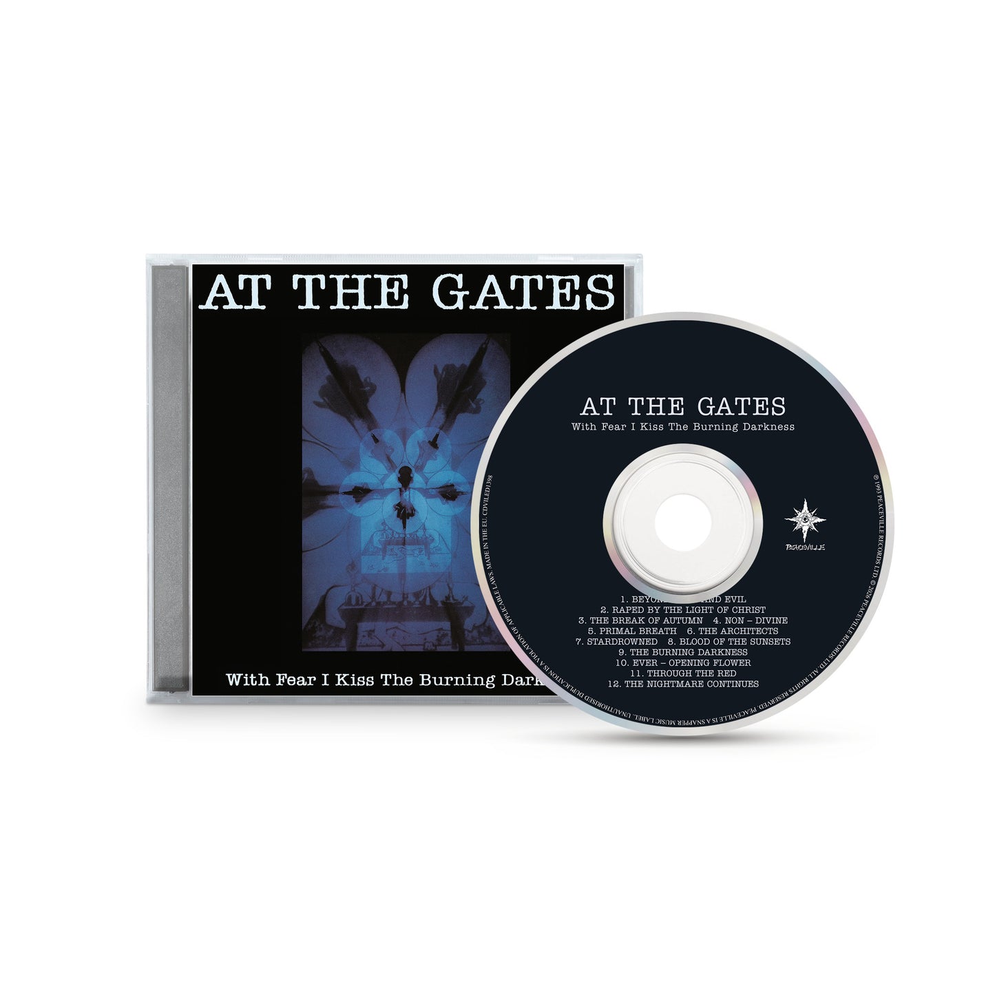 A CD case and disc for At The Gates’ "With Fear I Kiss The Burning Darkness," featuring dark blue abstract cover art and a tracklist in white on black. Brand: At The Gates.