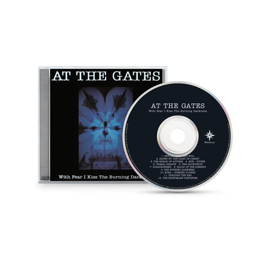 A CD case and disc for At The Gates’ "With Fear I Kiss The Burning Darkness," featuring dark blue abstract cover art and a tracklist in white on black. Brand: At The Gates.