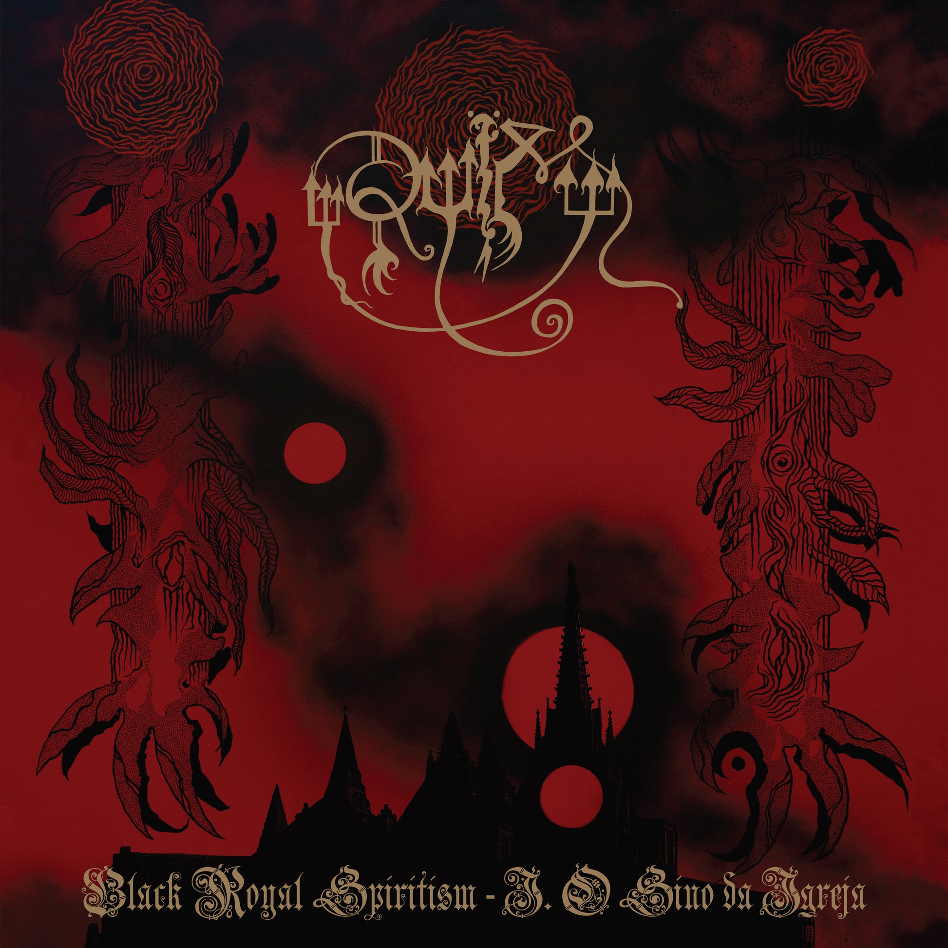 Album cover by RUÏM featuring a dark red background, black abstract art, two red moons, a gothic church silhouette, and ornate gold script with the title "Black Royal Spiritism – II. O Sino da Igreja," capturing classic Black Metal style.