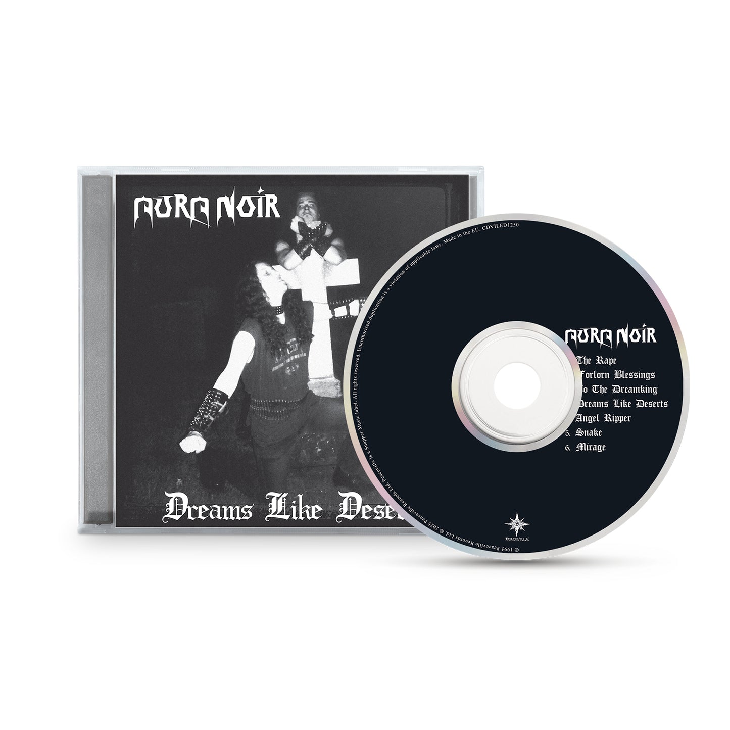 Aura Noir’s CD for Dreams Like Deserts comes in a case featuring two band members in black metal style with white makeup; the disc lists tracks in white gothic font on black.