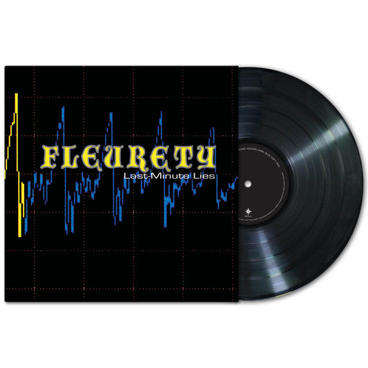 A FLEURETY vinyl partially out of its sleeve, with “Fleurety Last-Minute Lies” on the cover above jagged blue and yellow lines—a striking release from experimental black metal legends. The black record features a simple label.