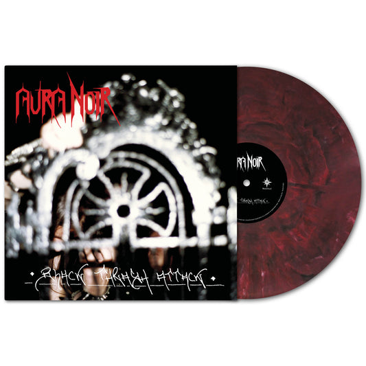 A limited red marble vinyl of Aura Noir's Black Thrash Attack is partially out of its sleeve, which shows the Aura Noir brand name in red and features an abstract, blurred black-and-white gothic design with stylized text below.