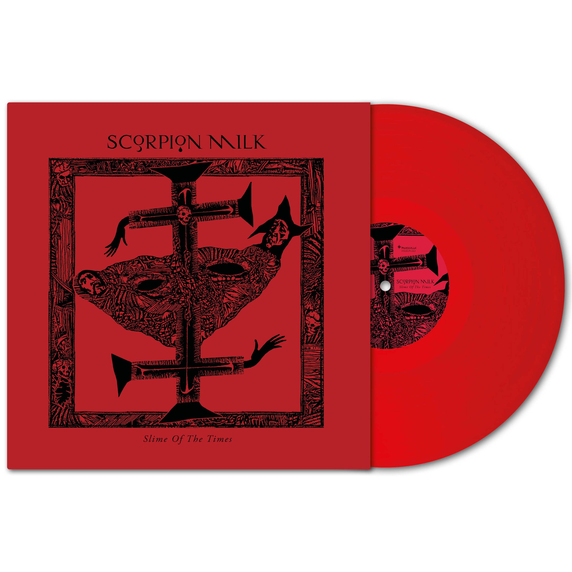 The Scorpion Milk red vinyl record with matching cover showcases black abstract art of symmetrical faces and trumpet-like shapes, capturing an Apocalyptic Post-Punk vibe.