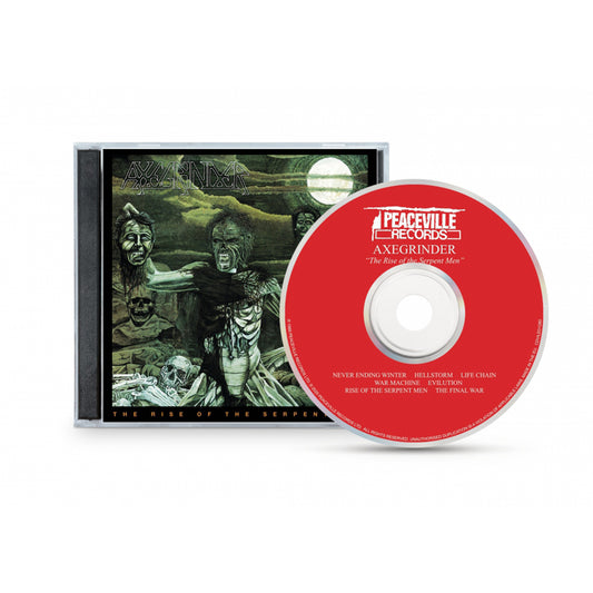 Axegrinder’s CD case for The Rise of the Serpent Men showcases dark, dystopian art with skeletal figures. The red disc features the album title and track listings along its edge. Brand: Axegrinder.
