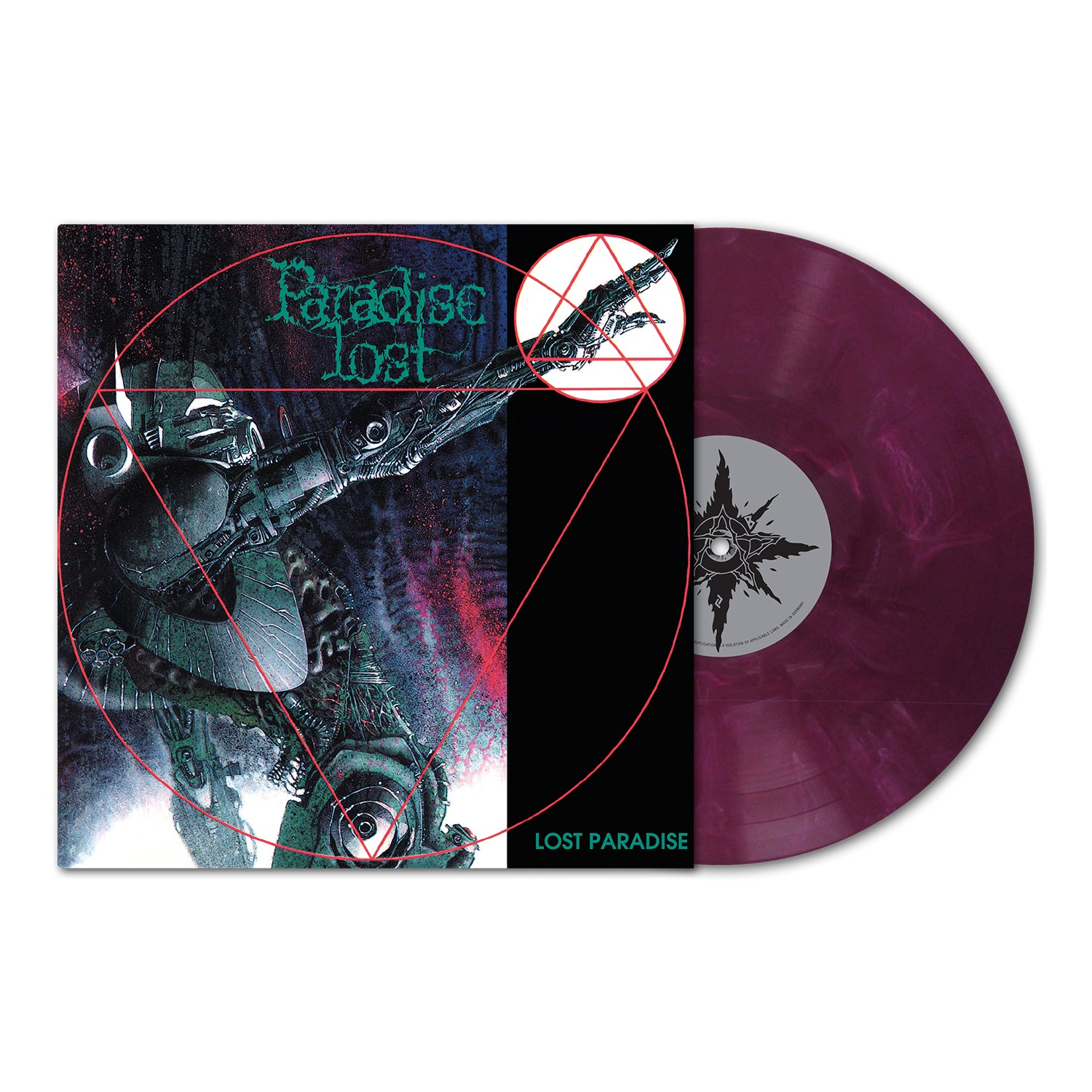 A marbled purple vinyl record from Paradise Lost partially slides out of its cover, featuring dark, surreal album art with a robot-like figure and red geometric shapes, evoking classic Gothic Death/Doom Metal aesthetics.