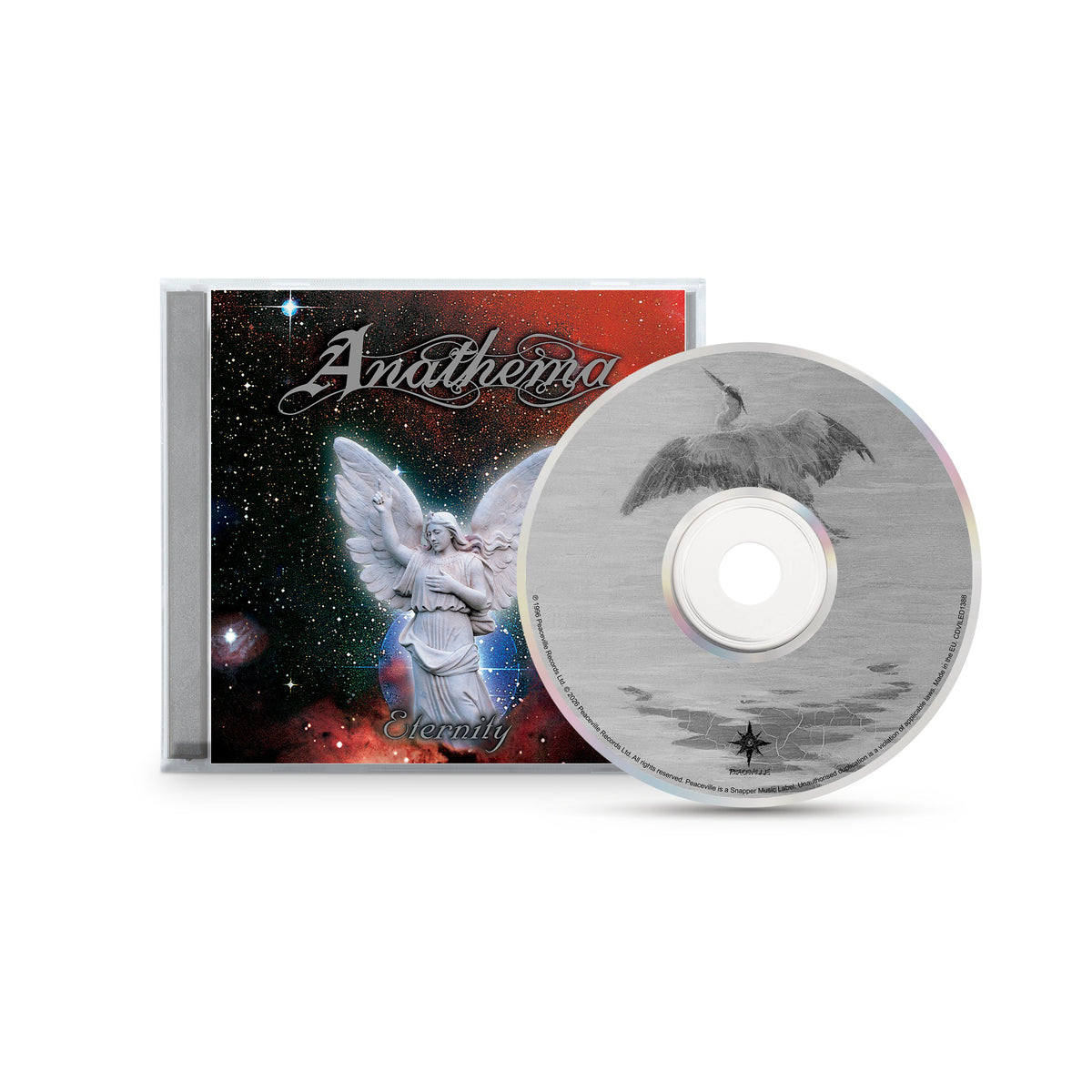Anathema Eternity CD and jewel case, featuring artwork of an angel against a starry nebula and a heron on the disc, emblematic of the atmospheric rock album.