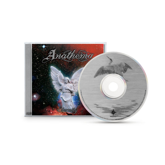Anathema Eternity CD and jewel case, featuring artwork of an angel against a starry nebula and a heron on the disc, emblematic of the atmospheric rock album.