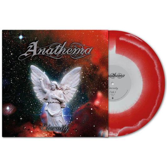 Anathema Eternity vinyl album cover featuring an angel against a starry nebula, displayed alongside a red and white marbled vinyl disc representative of atmospheric rock.