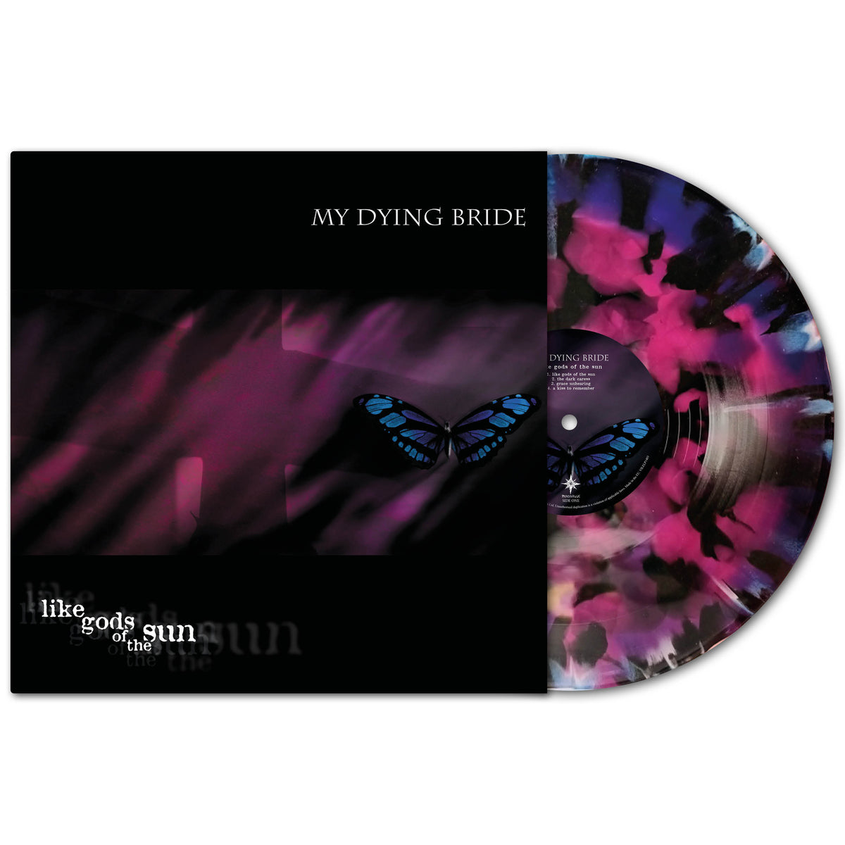 My Dying Bride’s Like Gods of the Sun on limited lagoon vinyl, featuring a black sleeve with a blue butterfly and a pink, blue, and black marbled disc.