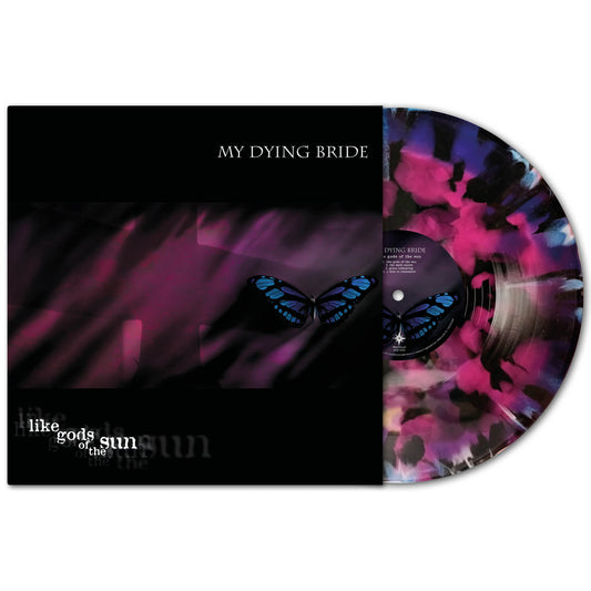 My Dying Bride’s Like Gods of the Sun on limited lagoon vinyl, featuring a black sleeve with a blue butterfly and a pink, blue, and black marbled disc.