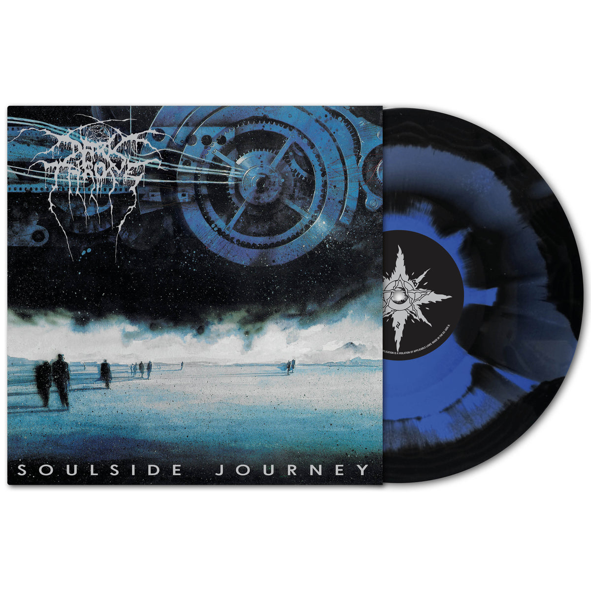 Darkthrone Soulside Journey technical death metal vinyl record, featuring an album cover of a blue mechanical landscape with figures on a horizon, paired with a blue and black marbled disc.